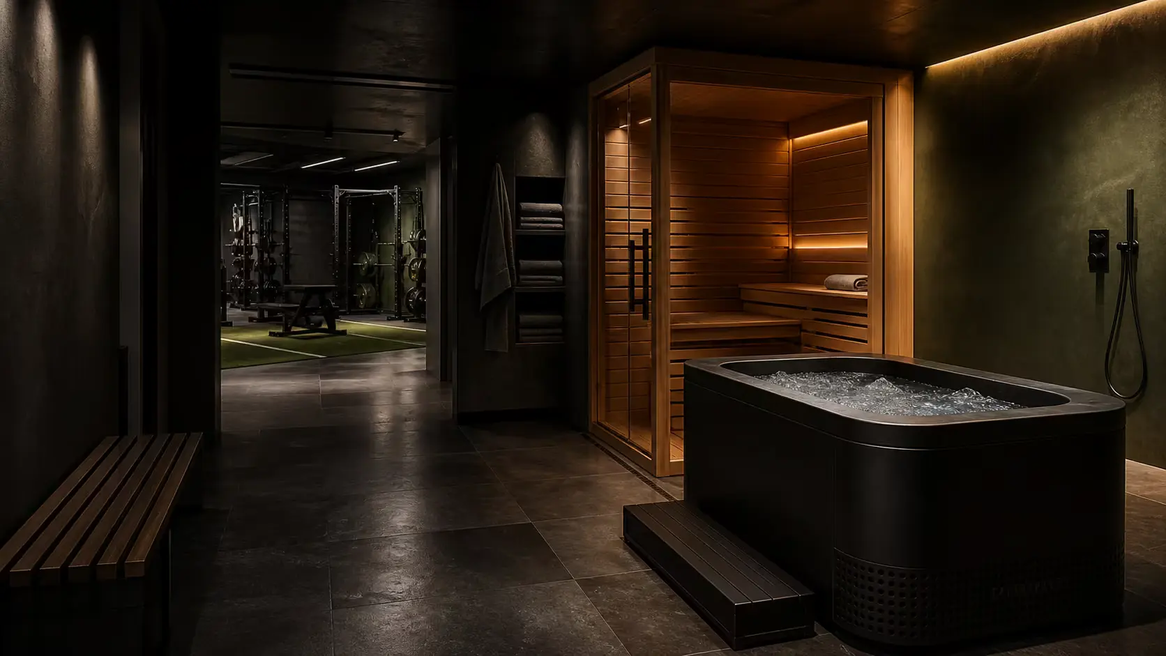 A warm recovery room with sauna and cold immersion